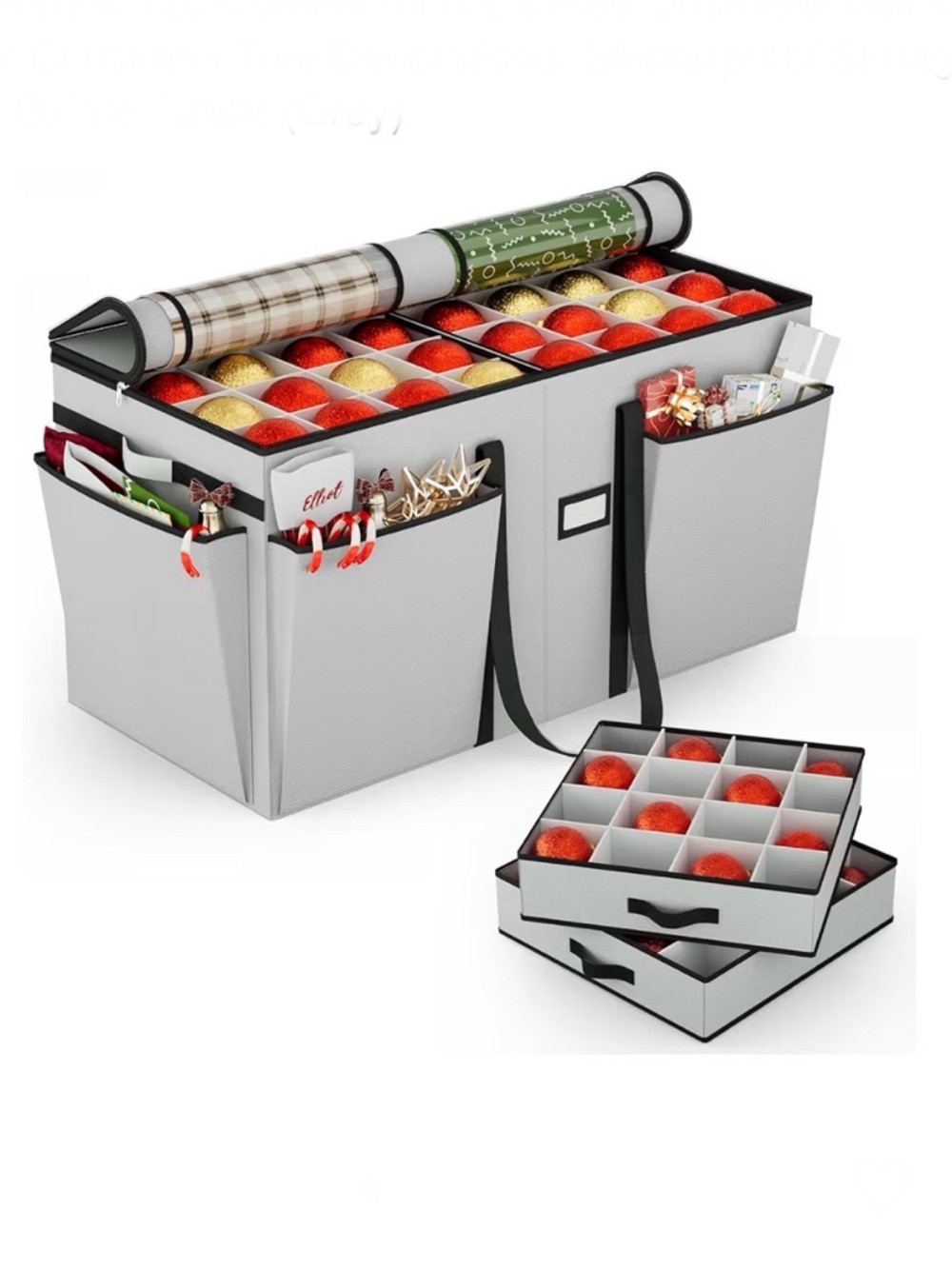 Gray Holiday Ornament Storage Organizer Box with Side Pockets